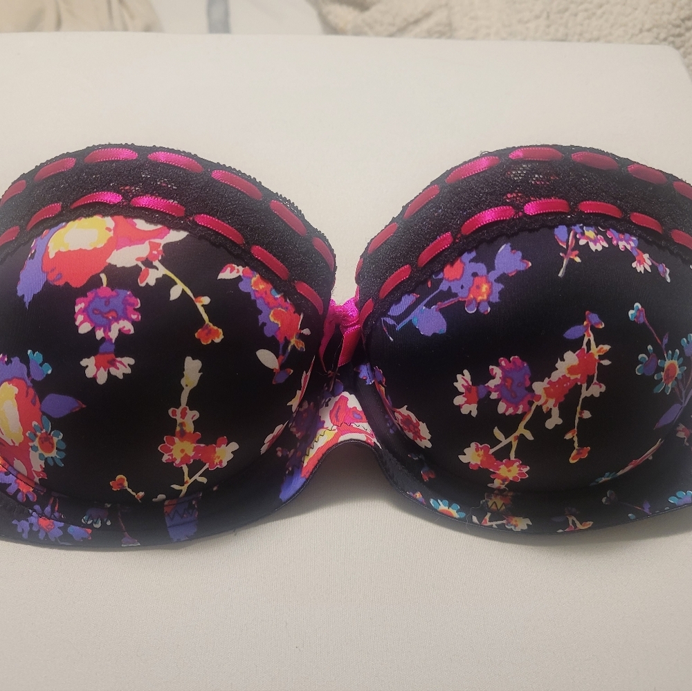 La SENZA Black Floral Strapless Push-Up Bra with Pink Trim 34B